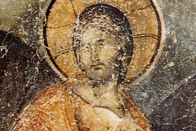 A Close-Up Of Christ'S Face From The Anastasis Fresco By Georgios Kalliergis, Showing Heavy Wear.
