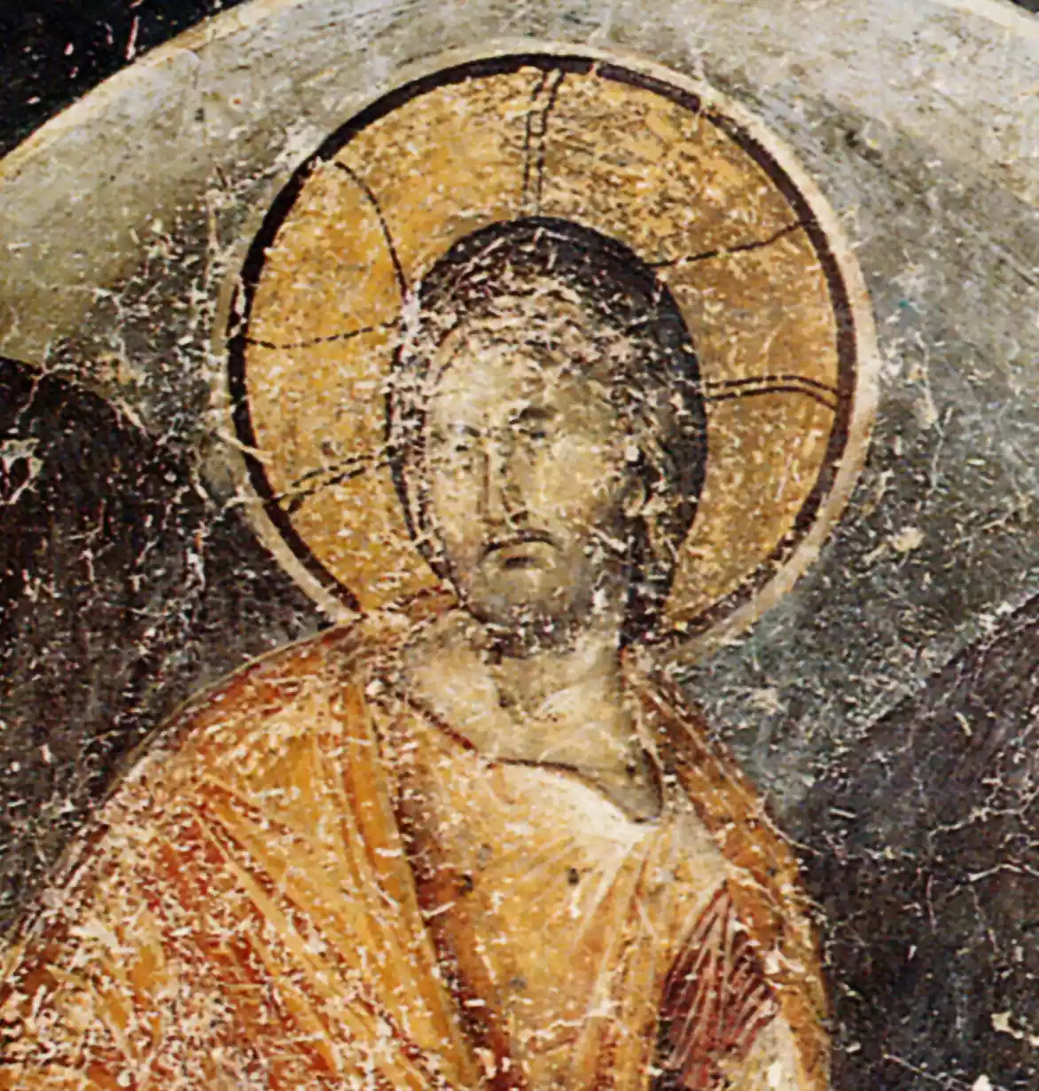 The Resurrection in Veroia: The testimony of Georgios Kalliergis 8 A Close-Up Of Christ'S Face From The Anastasis Fresco By Georgios Kalliergis, Showing Heavy Wear.