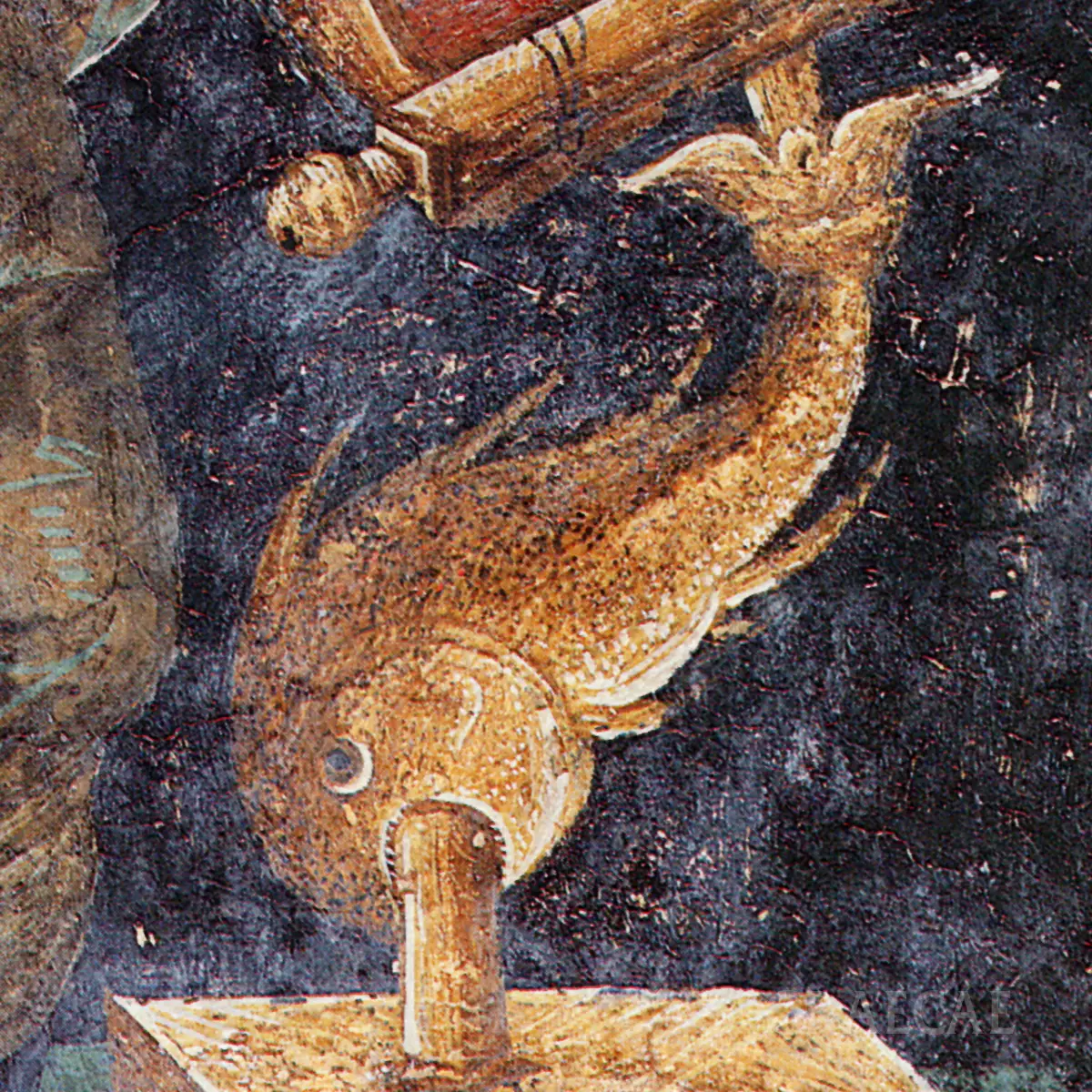 The Angel the one reading the Book of Life in Mystras 5 Close-Up Detail Of The Fish-Shaped Base Supporting The Lectern In The Mystras Angel Fresco