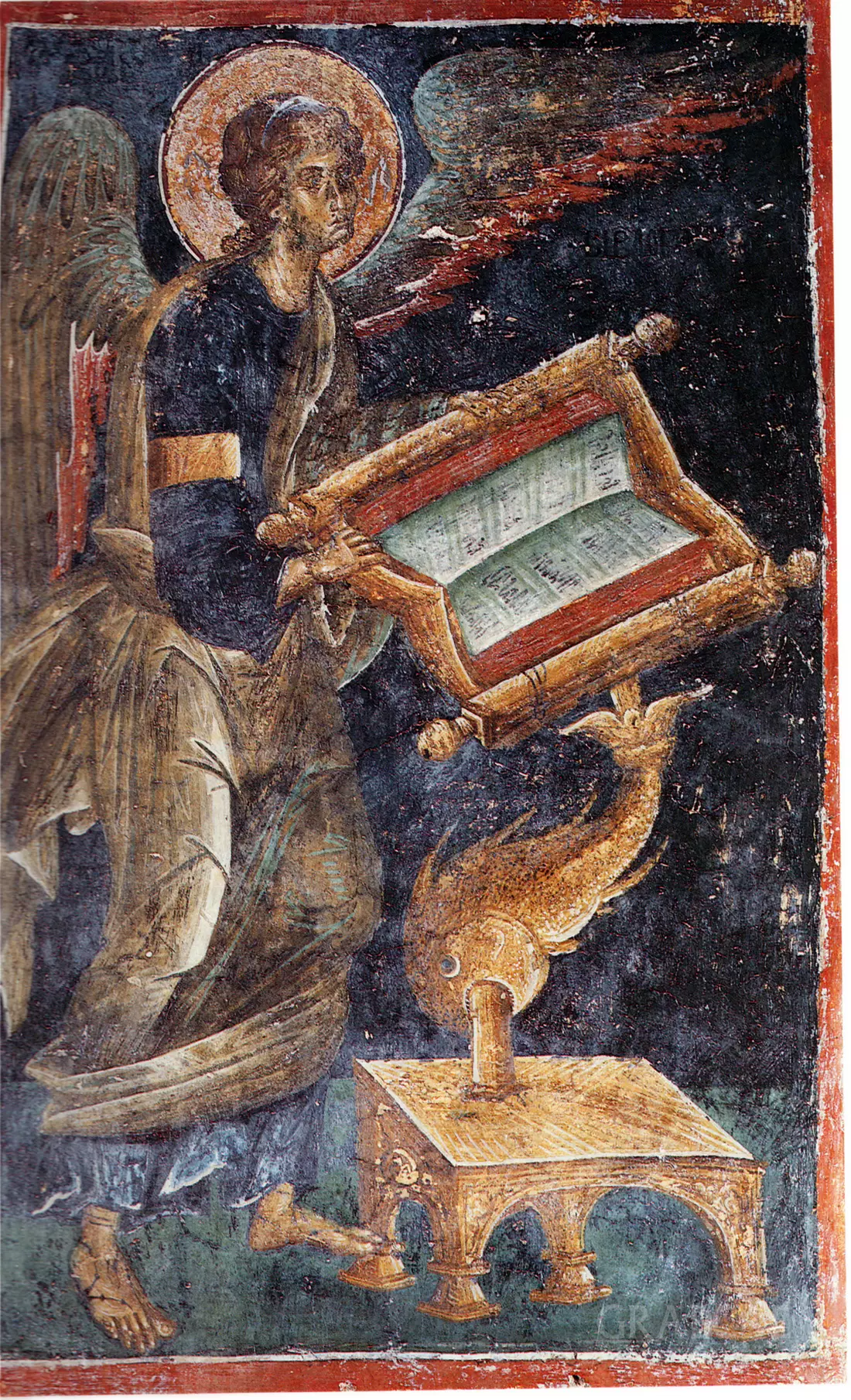 The Angel the one reading the Book of Life in Mystras 4 Full View Of The Angel Of The Last Judgment Fresco (C. 1291) In The Mystras Metropolis Narthex.