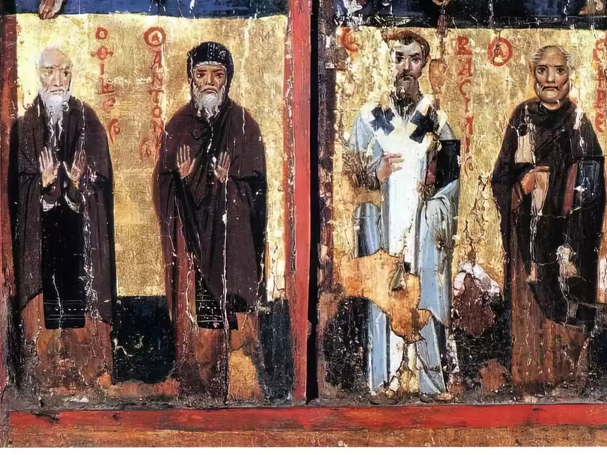 The Byzantine Triptych of Sinai: The icon of Abgar and the Mandylion 6 Close-Up Of The Bottom Panels Of The Sinai Triptych, Showing Four Standing Ascetic Saints